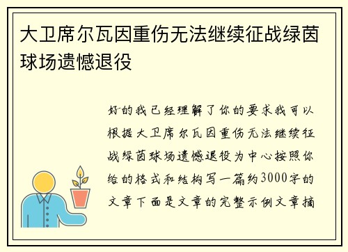 大卫席尔瓦因重伤无法继续征战绿茵球场遗憾退役